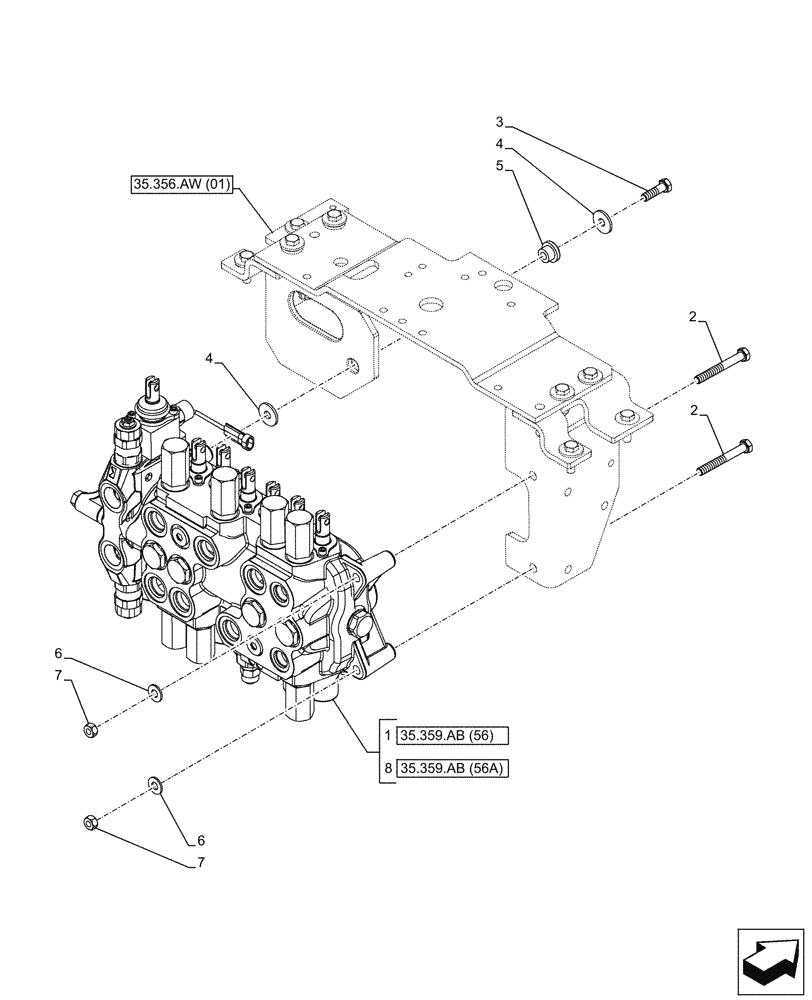 Схема запчастей Case 580SN - (35.359.AB[06]) - BACKHOE CONTROL VALVE, 7-SPOOL, MOUNTING PARTS, STANDARD DIPPER, W/ FOOT CONTROLS (35) - HYDRAULIC SYSTEMS