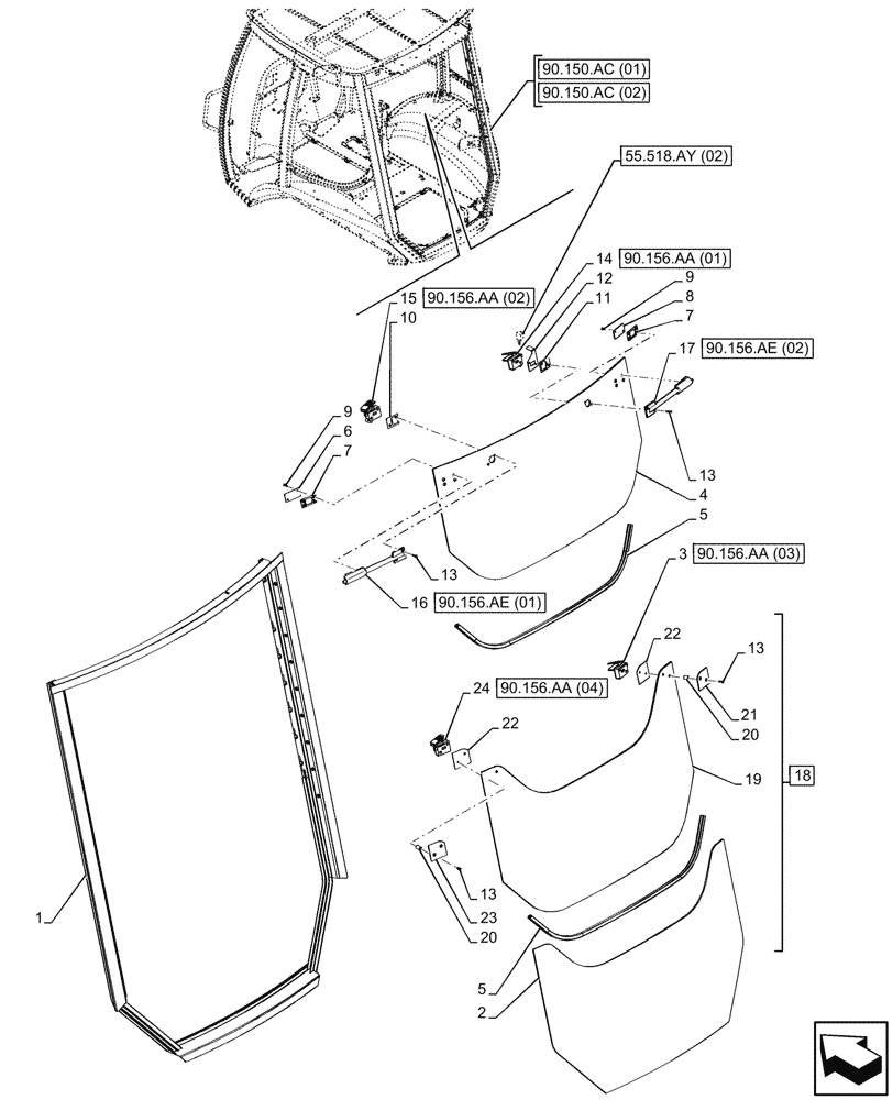 Схема запчастей Case 580SN WT - (90.156.AB) - VAR - 747853 - CAB, WINDOW, REAR, GLASS (90) - PLATFORM, CAB, BODYWORK AND DECALS
