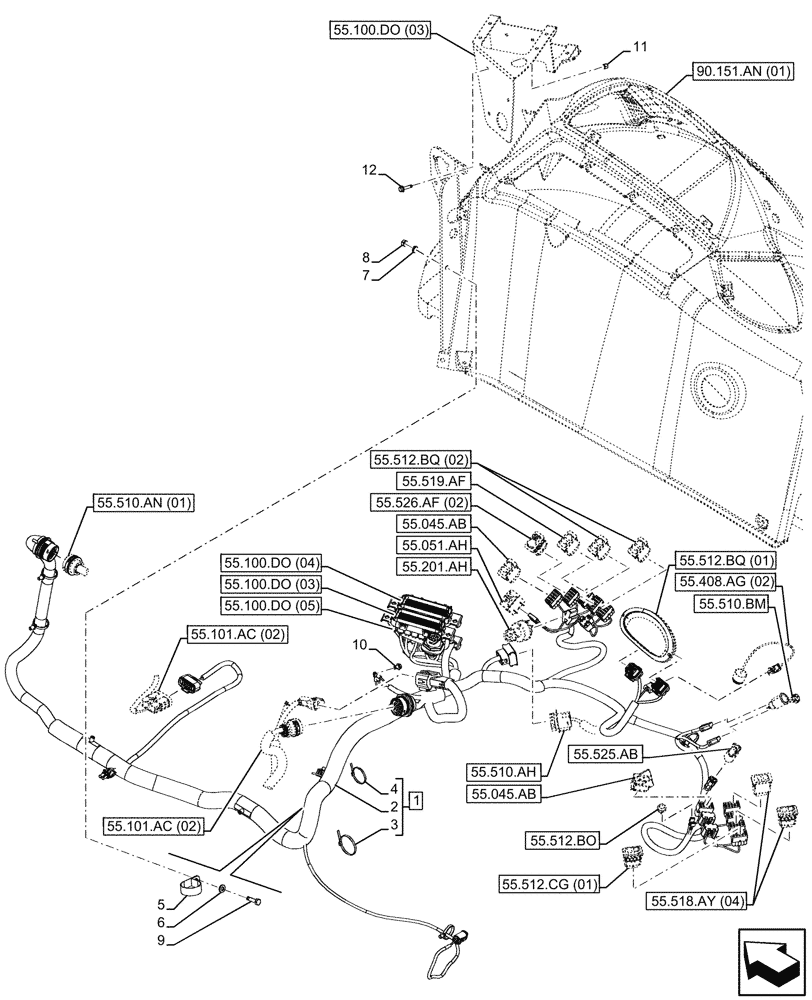 Схема запчастей Case 590SN - (55.510.AG[01]) - VAR - 423058, 423059 - SIDE PANEL, RH, WIRE HARNESS (55) - ELECTRICAL SYSTEMS