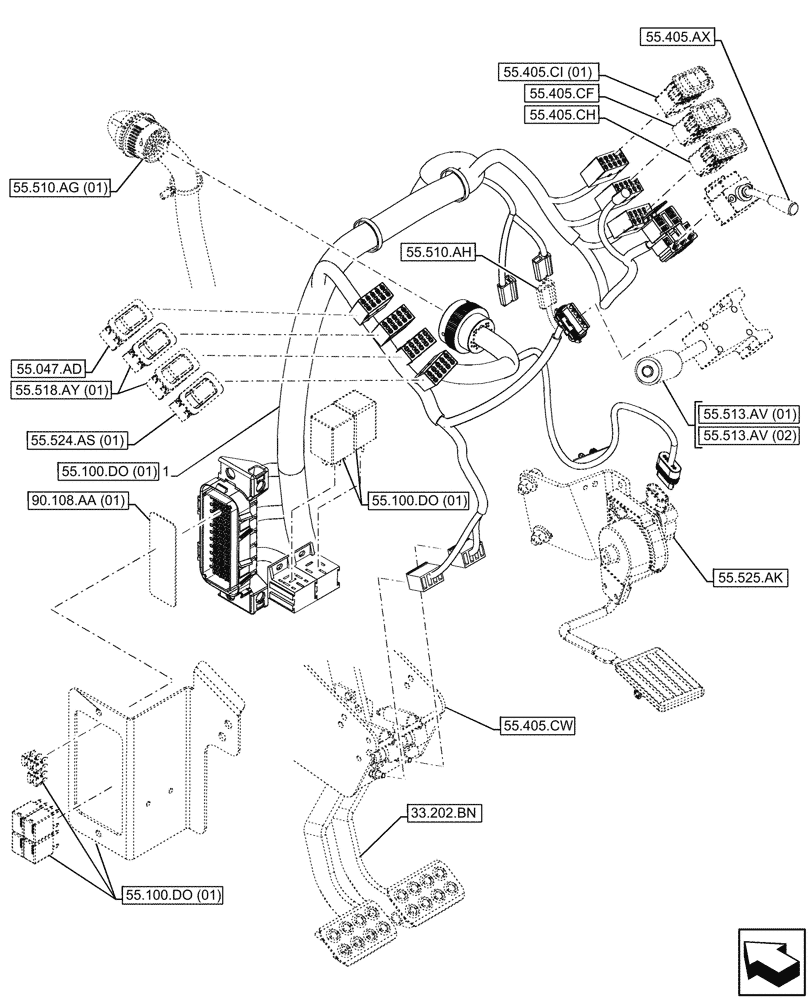 Схема запчастей Case 580SN - (55.510.AN[01]) - VAR - 423058, 423059 - FRONT, PANEL, WIRE HARNESS (55) - ELECTRICAL SYSTEMS