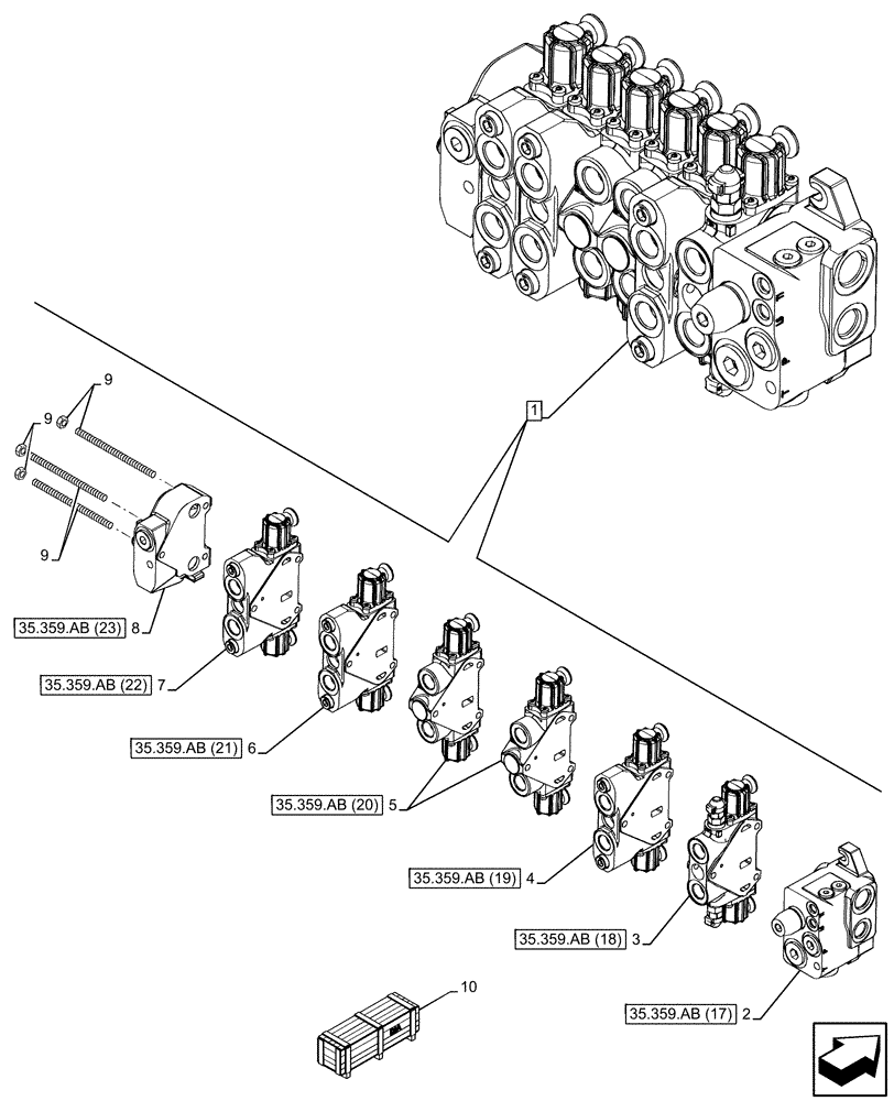 Схема запчастей Case 580SN - (35.359.AB[13]) - BACKHOE CONTROL VALVE, 6-SPOOL, STANDARD DIPPER, W/ PILOT CONTROLS (35) - HYDRAULIC SYSTEMS