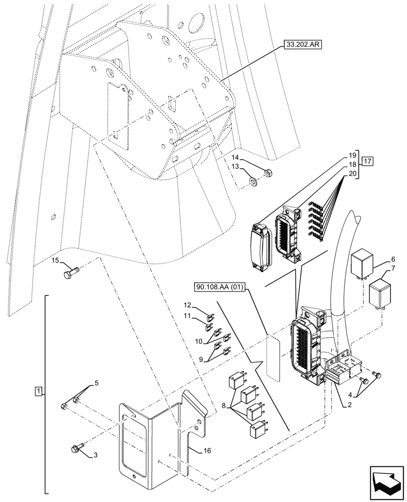 Схема запчастей Case 580SN - (55.100.DO[01]) - VAR - 423058, 423059 - FRONT, PANEL, WIRE HARNESS, RELAY, FUSE BOX (55) - ELECTRICAL SYSTEMS