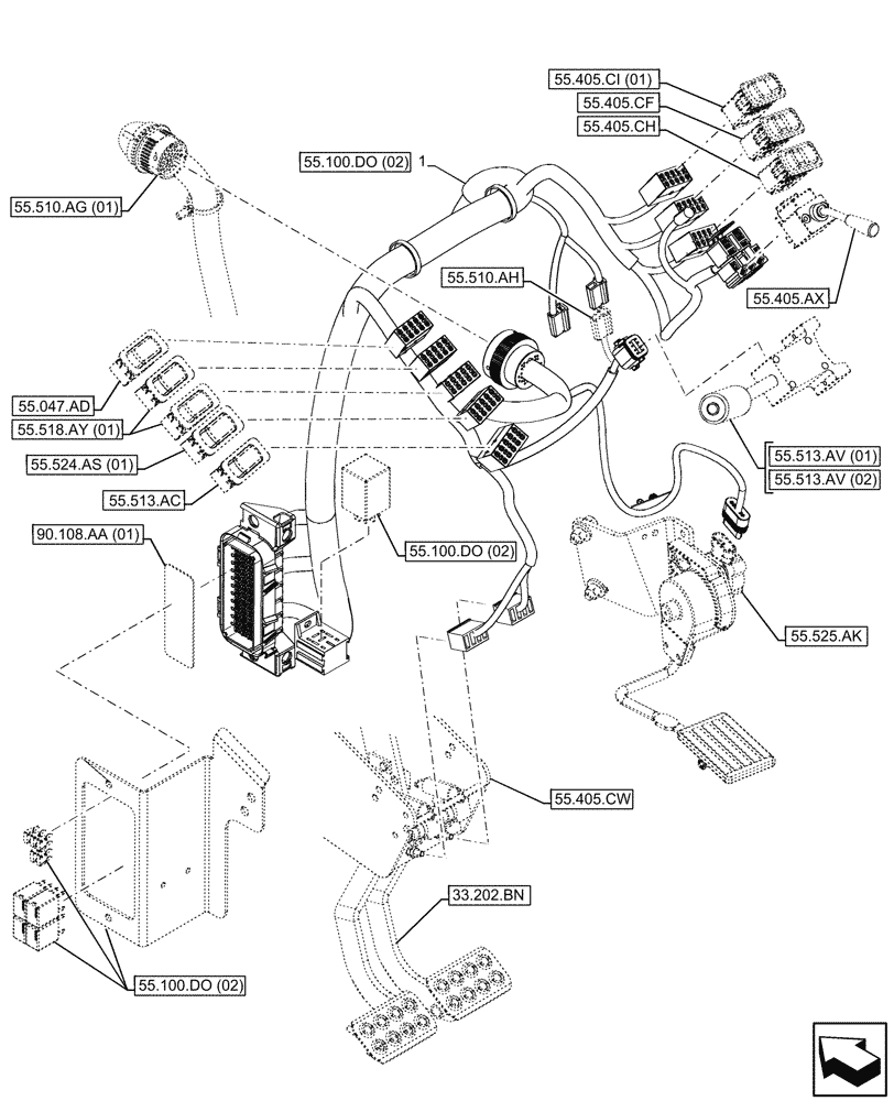 Схема запчастей Case 590SN - (55.510.AN[02]) - VAR - 423060, 423061, 423062 - FRONT, PANEL, WIRE HARNESS (55) - ELECTRICAL SYSTEMS