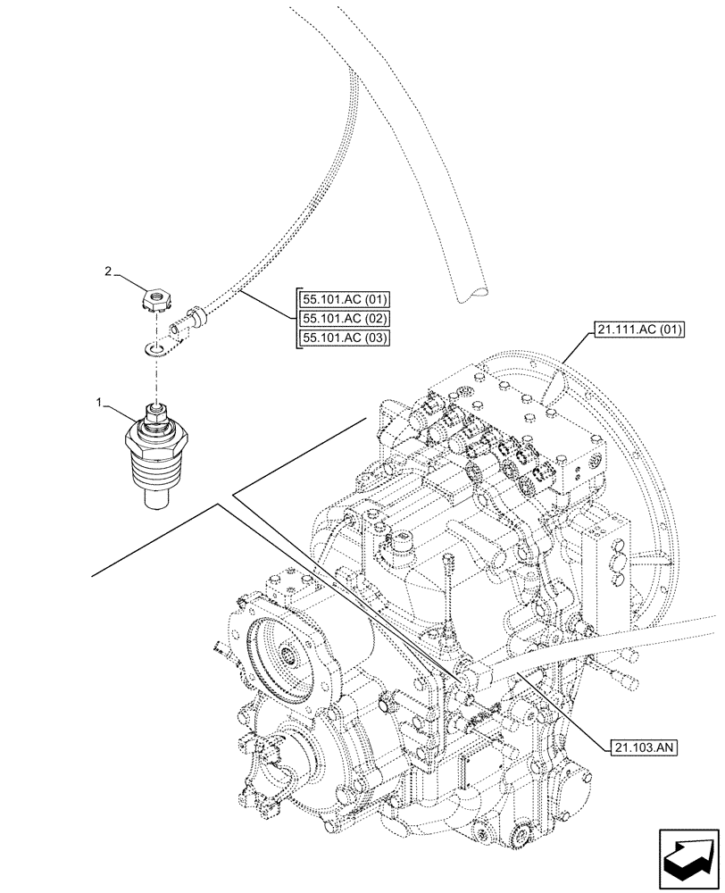 Схема запчастей Case 590SN - (55.022.AB[02]) - TRANSMISSION, SEMI-POWERSHIFT, TEMPERATURE SENDER (55) - ELECTRICAL SYSTEMS