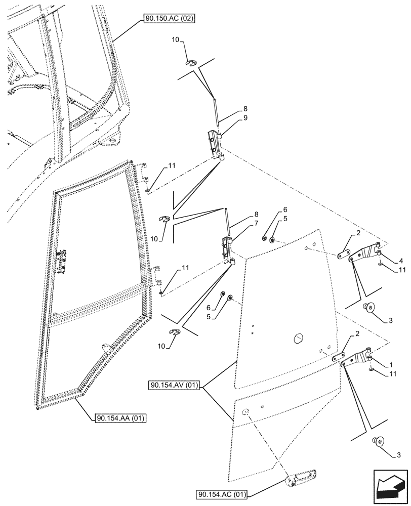 Схема запчастей Case 580SN WT - (90.154.AE[01]) - VAR - 747853 - CAB DOOR, HINGE, LH (90) - PLATFORM, CAB, BODYWORK AND DECALS