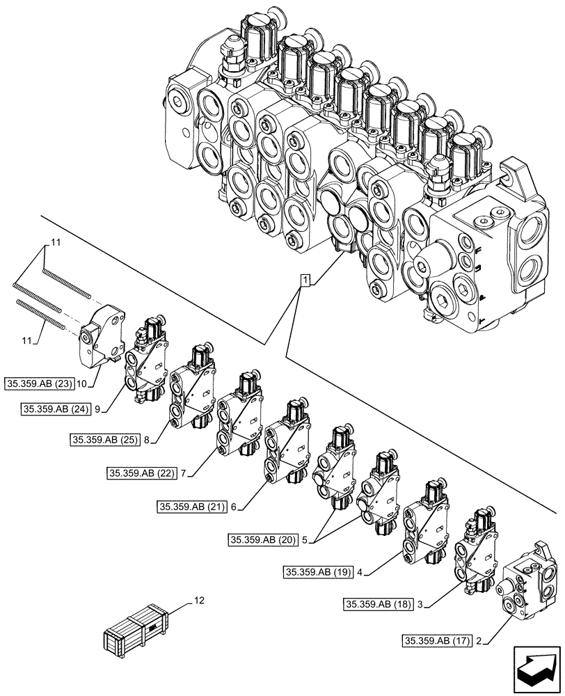 Схема запчастей Case 580SN - (35.359.AB[16]) - BACKHOE CONTROL VALVE, 8-SPOOL, STANDARD DIPPER, W/ PILOT CONTROLS (35) - HYDRAULIC SYSTEMS