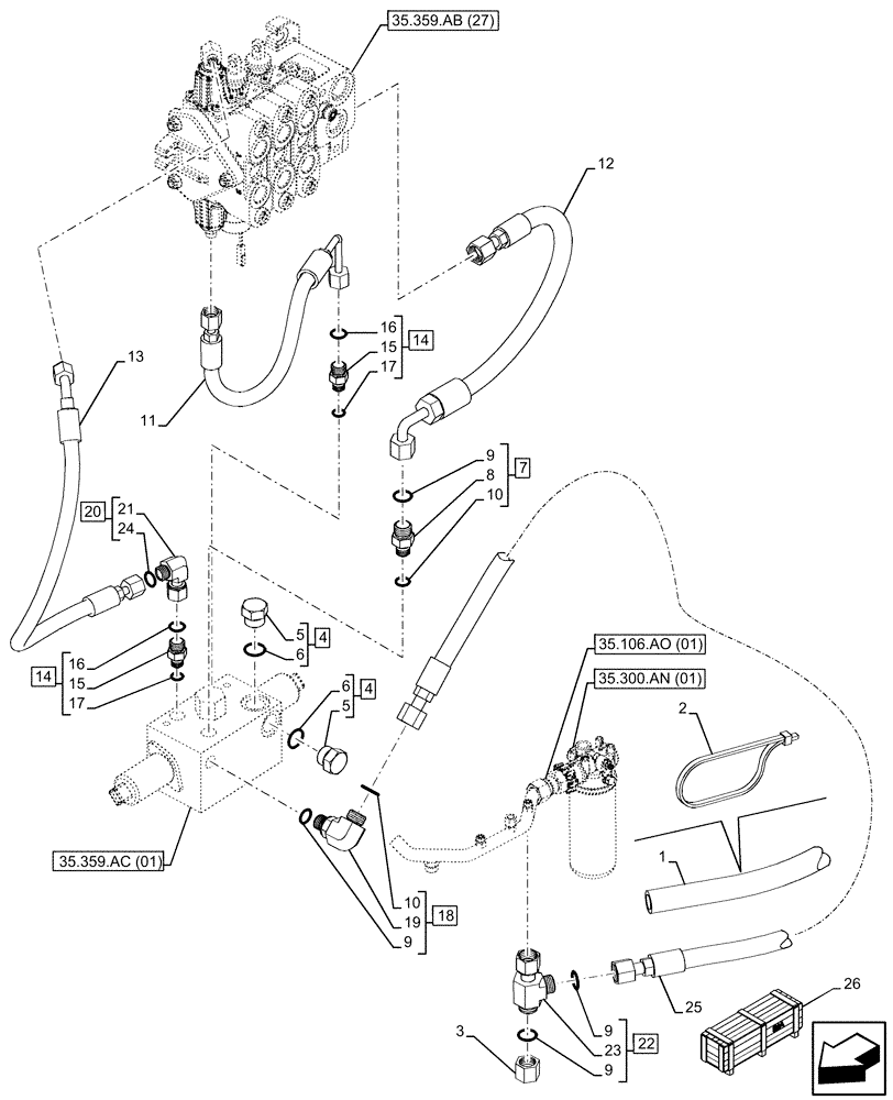 Схема запчастей Case 580SN - (35.359.AE[12]) - VAR - 747864 - LOADER, AUXILIARY CONTROL VALVE, LINES (35) - HYDRAULIC SYSTEMS