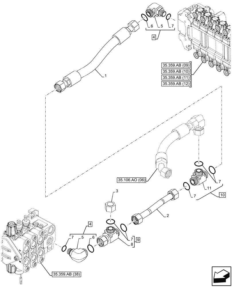 Схема запчастей Case 580SN - (35.359.AB[44]) - VAR - 747864 - LOADER, CONTROL VALVE LINE, BACKHOE CONTROL VALVE (35) - HYDRAULIC SYSTEMS