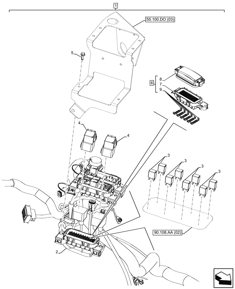 Схема запчастей Case 590SN - (55.100.DO[05]) - VAR - 423058, 423059 - SIDE PANEL, RH, WIRE HARNESS, RELAY, FUSE BOX (55) - ELECTRICAL SYSTEMS