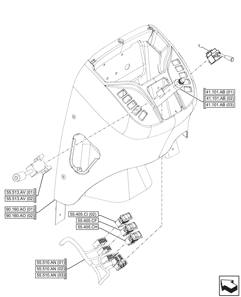 Схема запчастей Case 580SN - (55.405.AX) - VAR - 423058, 423059, 423060, 423061, 423062 - INDICATOR LIGHT, SWITCH (55) - ELECTRICAL SYSTEMS