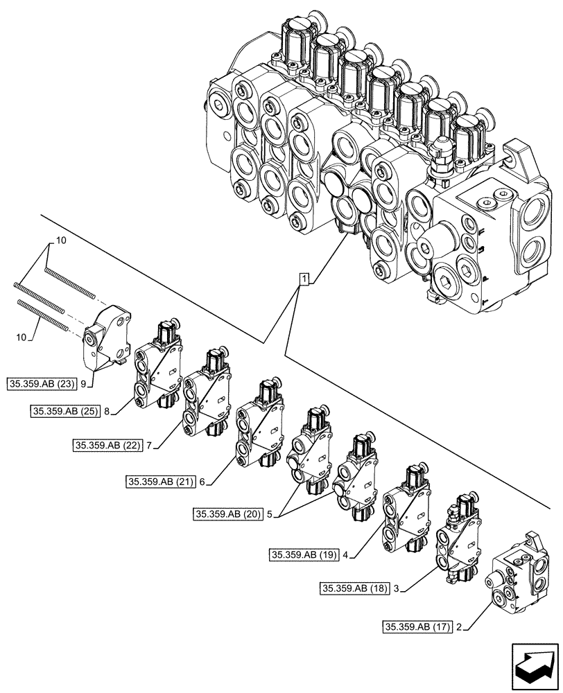 Схема запчастей Case 580SN - (35.359.AB[15]) - BACKHOE CONTROL VALVE, 7-SPOOL, STANDARD DIPPER, W/ PILOT CONTROLS (35) - HYDRAULIC SYSTEMS