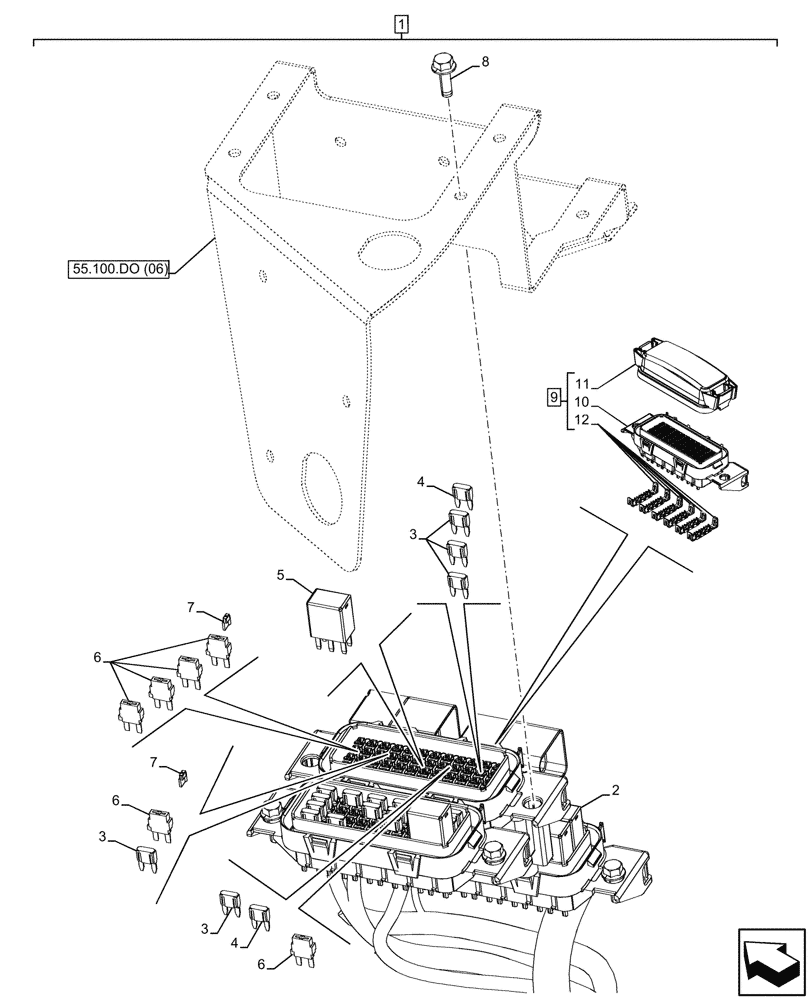 Схема запчастей Case 590SN - (55.100.DO[07]) - VAR - 423060, 423061, 423062 - SIDE PANEL, RH, WIRE HARNESS, DECAL, RELAY, FUSE BOX (55) - ELECTRICAL SYSTEMS