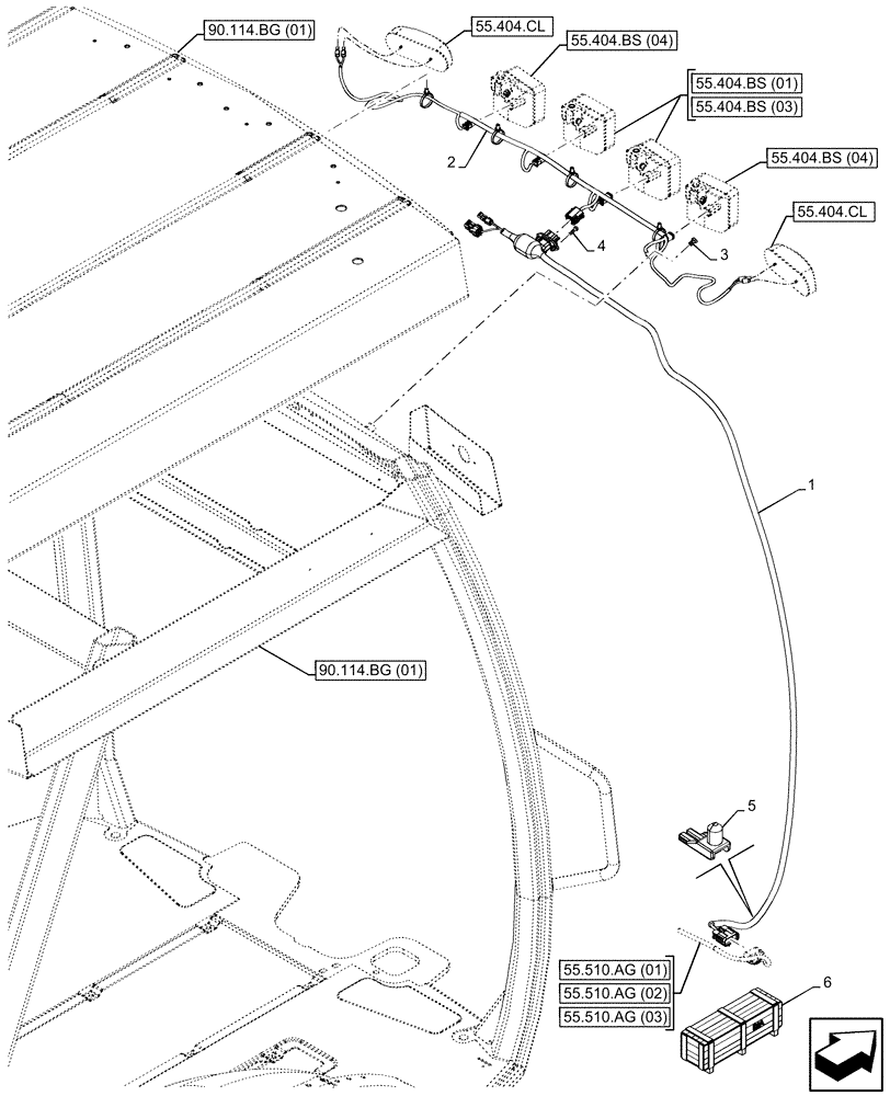 Схема запчастей Case 580SN - (55.511.AF) - VAR - 423000, 442082, 442085 - CANOPY, FRONT LIGHT, WIRE HARNESS (55) - ELECTRICAL SYSTEMS