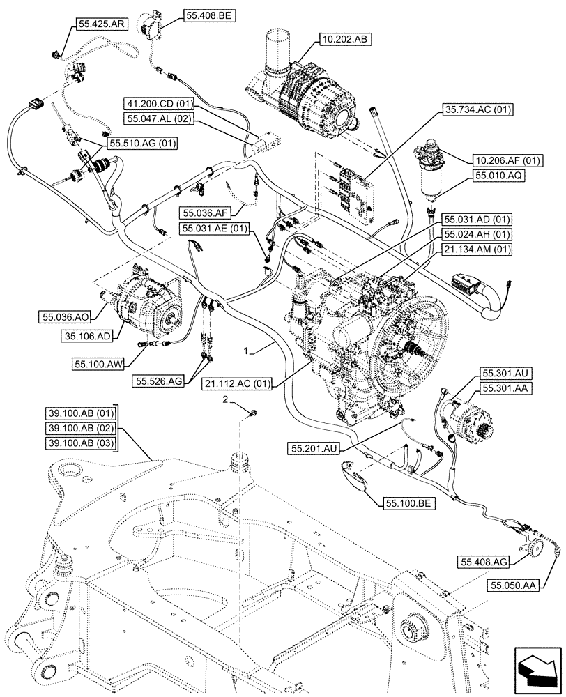 Схема запчастей Case 580SN - (55.101.AC[01]) - VAR - 423058, 423059 - FRAME, WIRE HARNESS (55) - ELECTRICAL SYSTEMS