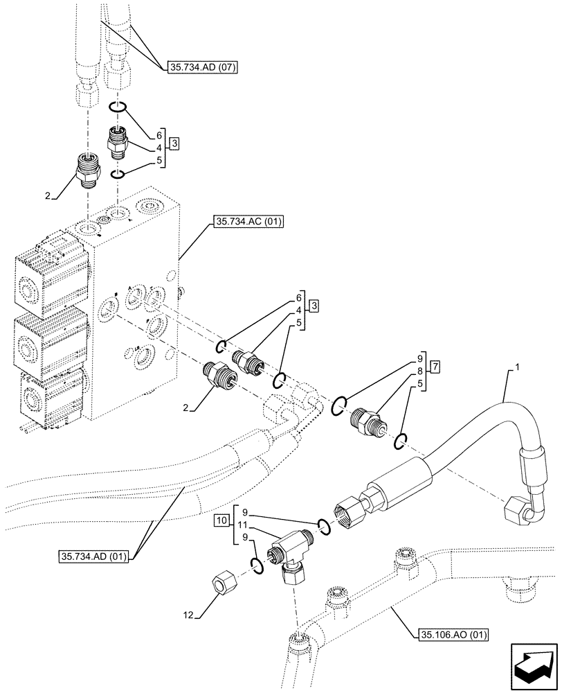 Схема запчастей Case 580SN - (35.734.AD[09]) - QUICK COUPLER, VALVE, HYDRAULIC LINE (35) - HYDRAULIC SYSTEMS
