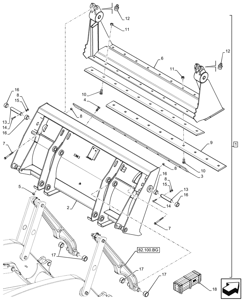 Схема запчастей Case 580SN - (82.300.AN[02]) - BUCKET, 1YD, 82INCH/2083MM 4-IN-1 (82) - FRONT LOADER & BUCKET