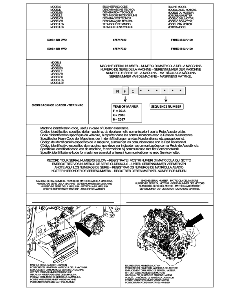Схема запчастей Case 590SN - (00.100.01) - IDENTIFICATION PLATES AND VERSION LIST (00) - GENERAL & PICTORIAL INDEX