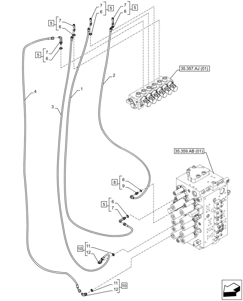 Схема запчастей Case CX210D LC - (35.357.AO[05]) - MAIN, SOLENOID VALVE, PRESSURE PIPE (35) - HYDRAULIC SYSTEMS