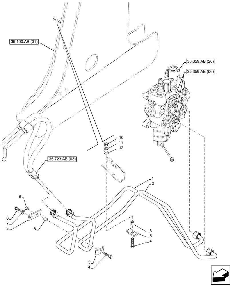 Схема запчастей Case 590SN - (35.723.AB[05]) - VAR - 747776, 747864 - LOADER BUCKET CYLINDER LINES (35) - HYDRAULIC SYSTEMS