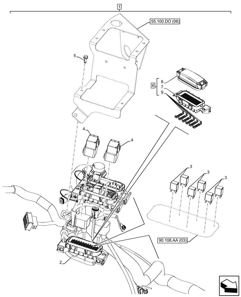 Схема запчастей Case 590SN - (55.100.DO[08]) - VAR - 423060, 423061, 423062 - SIDE PANEL, RH, WIRE HARNESS, DECAL, RELAY, FUSE BOX (55) - ELECTRICAL SYSTEMS