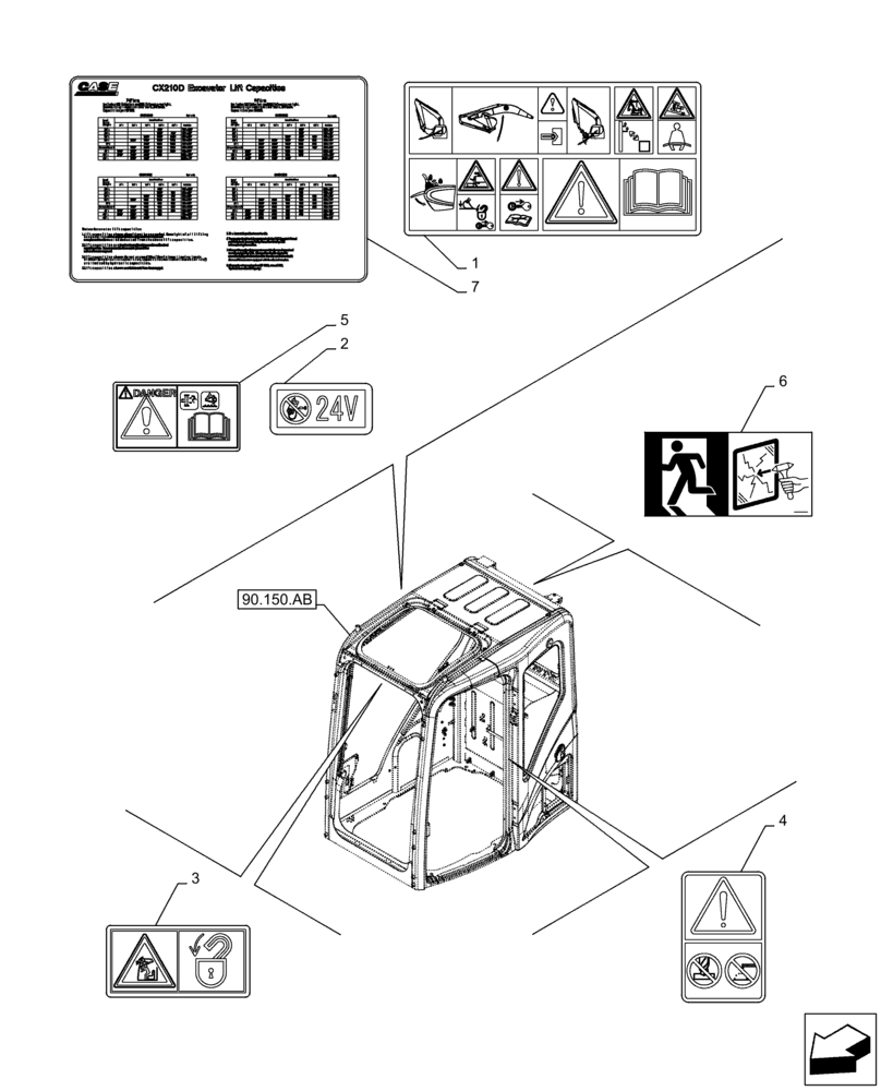 Схема запчастей Case CX210D LC LR - (90.108.AC[02]) - WARNING DECAL (90) - PLATFORM, CAB, BODYWORK AND DECALS