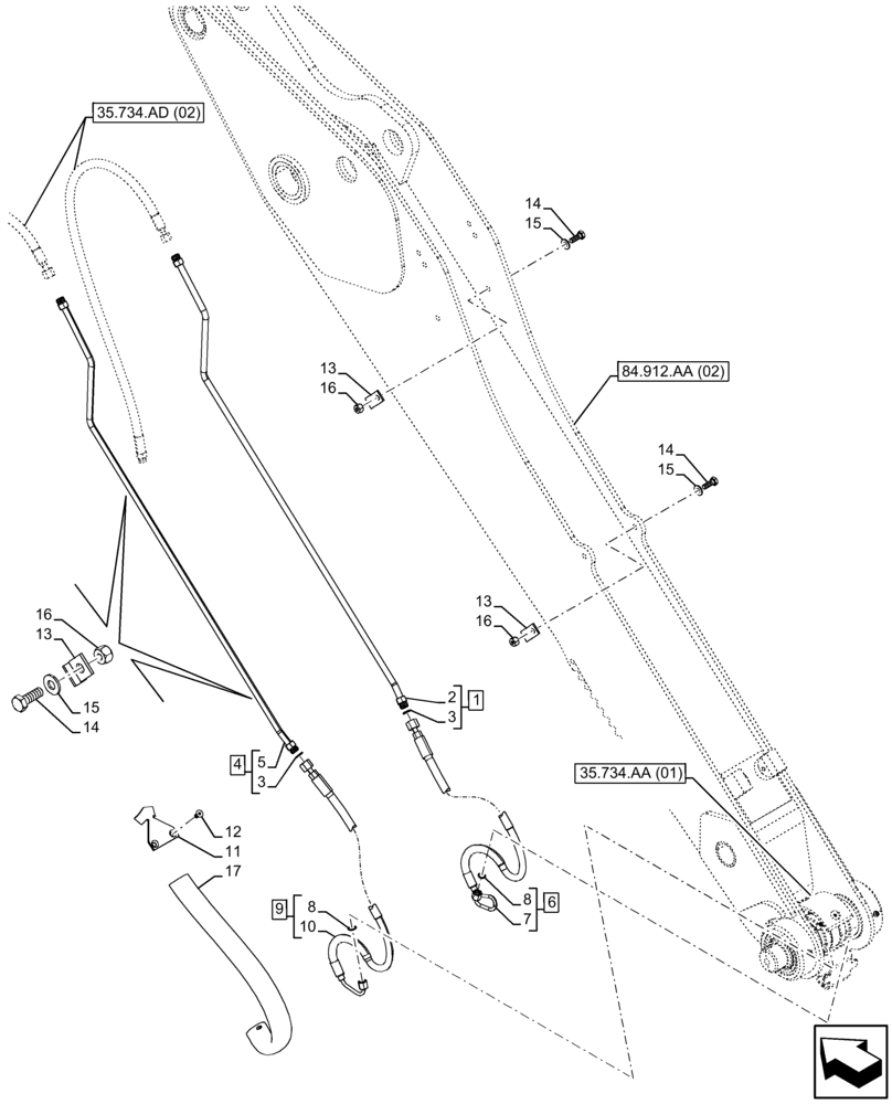 Схема запчастей Case 590SN - (35.734.AD[03]) - QUICK COUPLER, VALVE, HYDRAULIC LINE, STANDARD DIPPER (35) - HYDRAULIC SYSTEMS