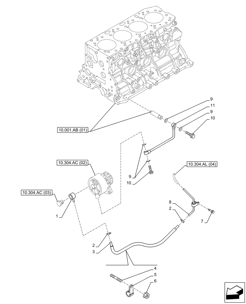 Схема запчастей Case AR-4JJ1XASS01-02 - (10.304.AL[03]) - ENGINE OIL PUMP, SUCTION PIPE (10) - ENGINE
