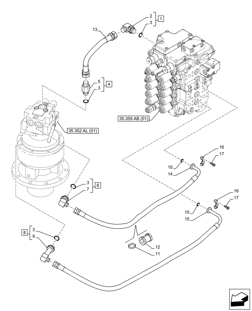 Схема запчастей Case CX130D LC - (35.352.AI[01]) - MOTO-REDUCTION GEAR, LINES (35) - HYDRAULIC SYSTEMS