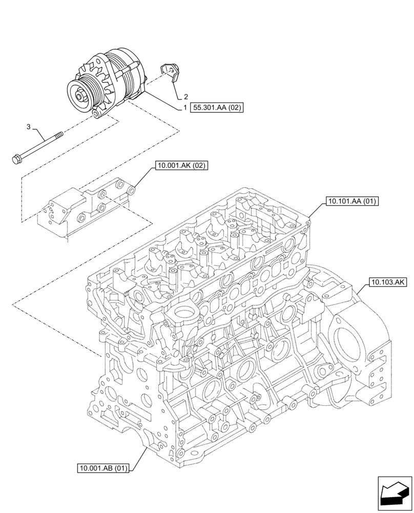 Схема запчастей Case AR-4JJ1XASS01-02 - (55.301.AA[01]) - ALTERNATOR, MOUNTING (55) - ELECTRICAL SYSTEMS