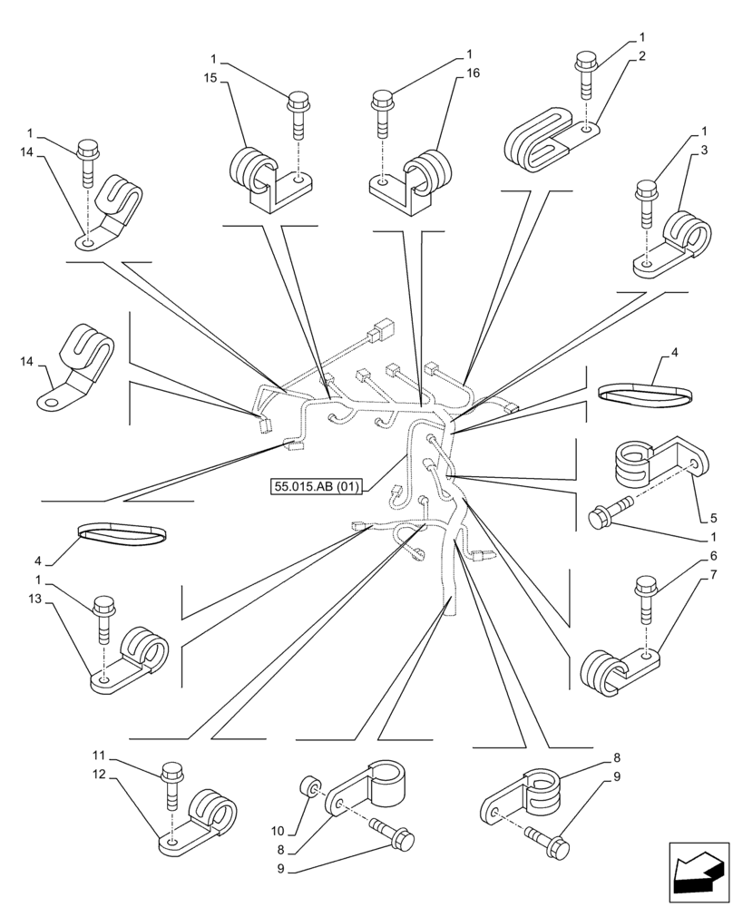 Схема запчастей Case AR-4JJ1XASS01-02 - (55.015.AB[02]) - ENGINE, WIRE HARNESS, CABLE CLIP (55) - ELECTRICAL SYSTEMS