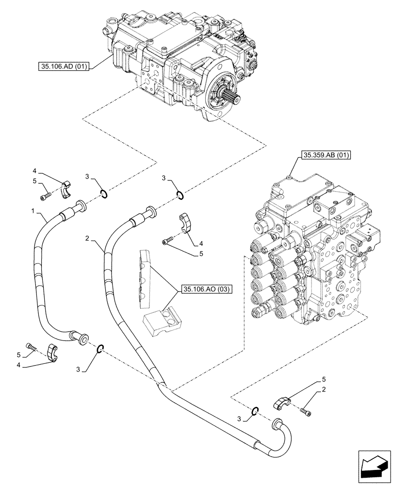 Схема запчастей Case CX130D LC - (35.106.AO[02]) - VARIABLE DELIVERY HYDRAULIC PUMP, PRESSURE PIPE (35) - HYDRAULIC SYSTEMS