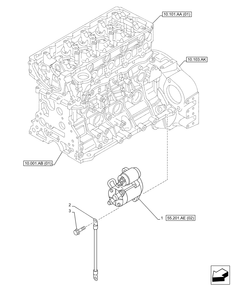 Схема запчастей Case AR-4JJ1XASS01-02 - (55.201.AE[01]) - STARTER MOTOR, MOUNTING (55) - ELECTRICAL SYSTEMS