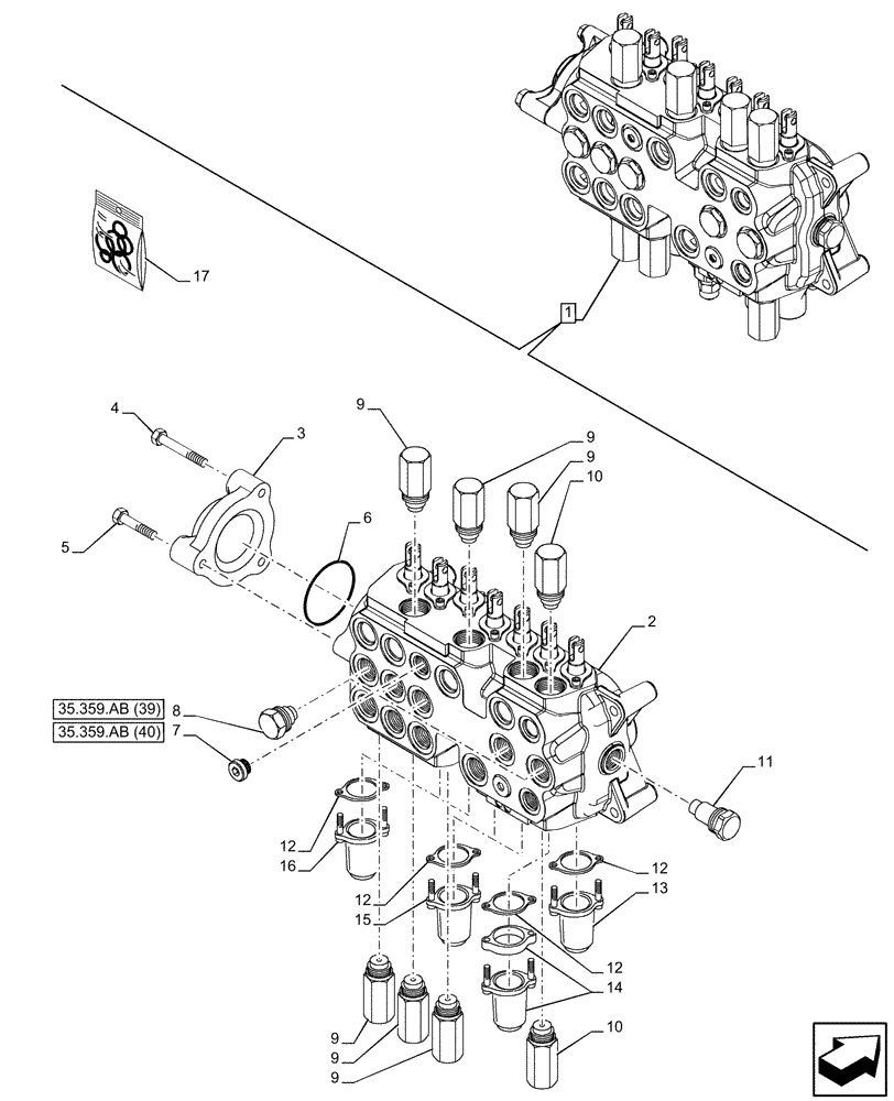 Схема запчастей Case 580N EP - (35.359.AB[43]) - BACKHOE CONTROL VALVE, 7-SPOOL, COMPONENTS, EXTENDABLE DIPPER, W/ FOOT SWING CONTROLS - END YR 10-JUL-2015 (35) - HYDRAULIC SYSTEMS