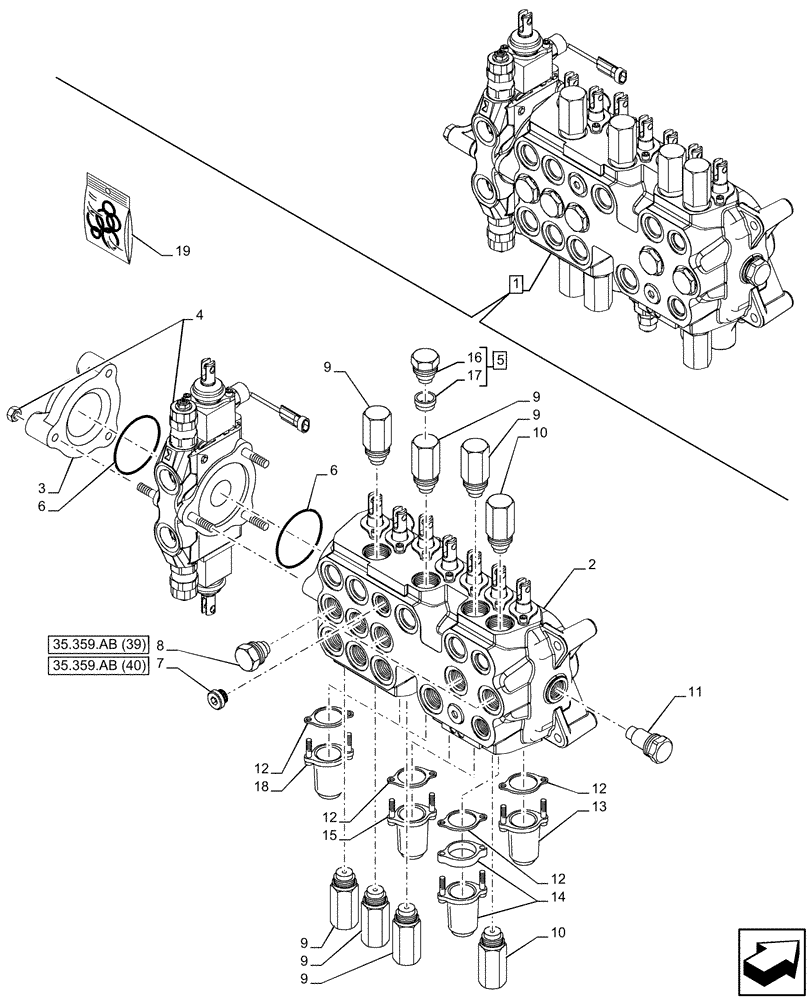 Схема запчастей Case 580N EP - (35.359.AB[47]) - BACKHOE CONTROL VALVE, 8-SPOOL, COMPONENTS, EXTENDABLE DIPPER, W/ FOOT SWING CONTROLS - END YR 10-JUL-2015 (35) - HYDRAULIC SYSTEMS