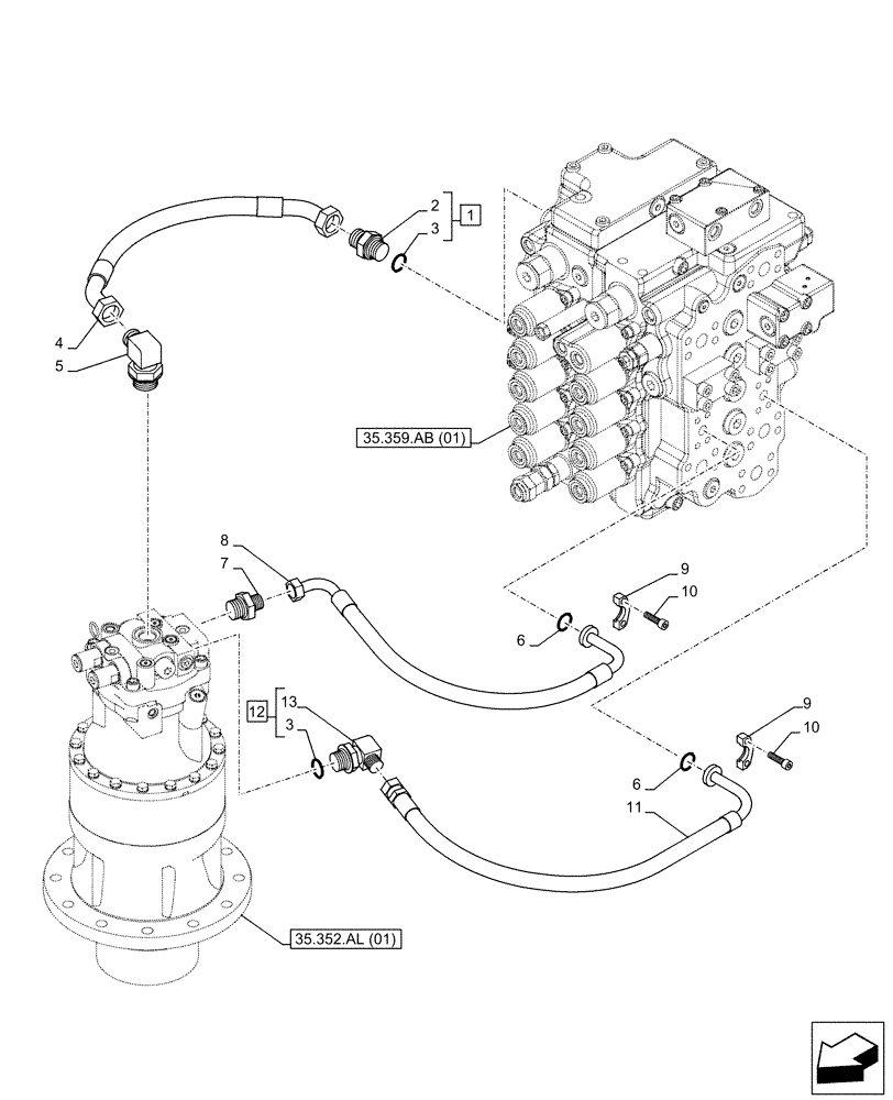 Схема запчастей Case CX160D LC - (35.352.AI[01]) - MOTO-REDUCTION GEAR, LINES (35) - HYDRAULIC SYSTEMS