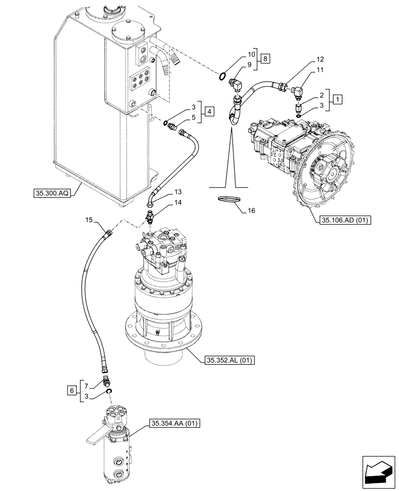 Схема запчастей Case CX160D LC - (35.352.AI[02]) - MOTO-REDUCTION GEAR, LINES (35) - HYDRAULIC SYSTEMS