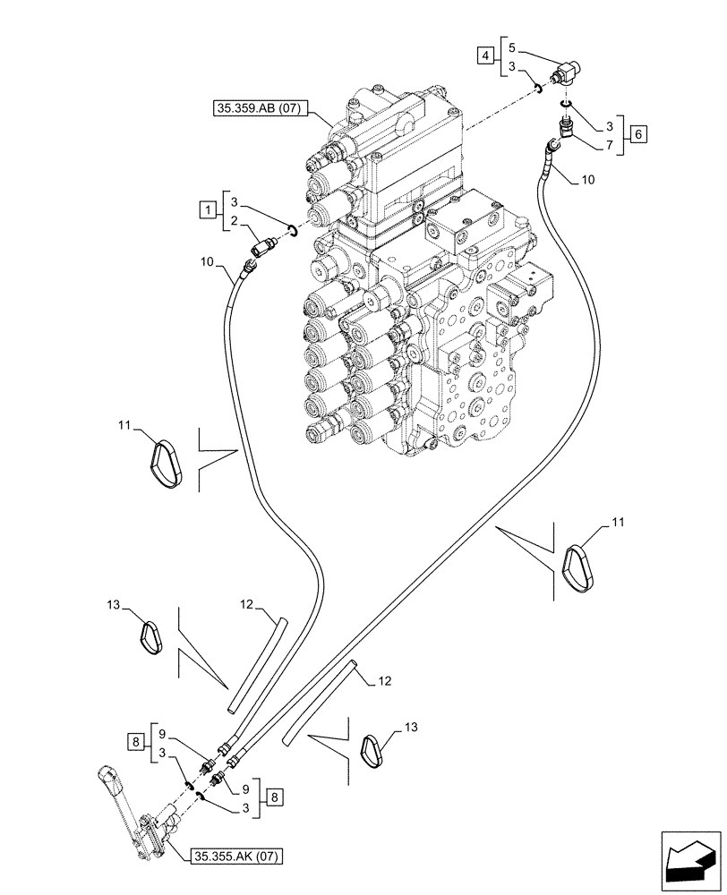 Схема запчастей Case CX130D - (35.355.AC[09]) - HYDRAULIC LINE, CONTROL VALVE, BLADE (35) - HYDRAULIC SYSTEMS