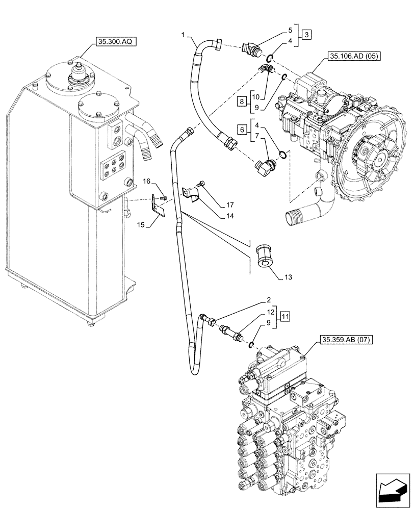 Схема запчастей Case CX160D LC - (35.106.AO[04]) - VAR - 461863 - VARIABLE DELIVERY HYDRAULIC PUMP, LINES, CLAMSHELL BUCKET, ROTATION, W/ ELECTRICAL PROPORTIONAL CONTROL (35) - HYDRAULIC SYSTEMS