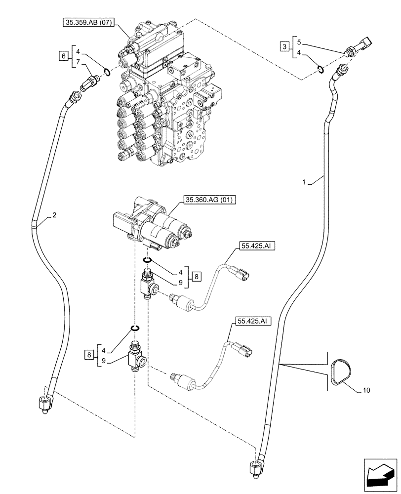 Схема запчастей Case CX160D LC - (35.360.AF[03]) - VAR - 461863 - HYDRAULIC LINE, CLAMSHELL BUCKET, ROTATION, W/ ELECTRICAL PROPORTIONAL CONTROL (35) - HYDRAULIC SYSTEMS