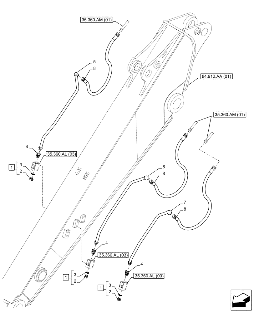 Схема запчастей Case CX130D LC - (35.360.AM[02]) - VAR - 461863 - ARM, LINE, CLAMSHELL BUCKET, ROTATION, W/ ELECTRICAL PROPORTIONAL CONTROL (ARM L=2.1M) (35) - HYDRAULIC SYSTEMS