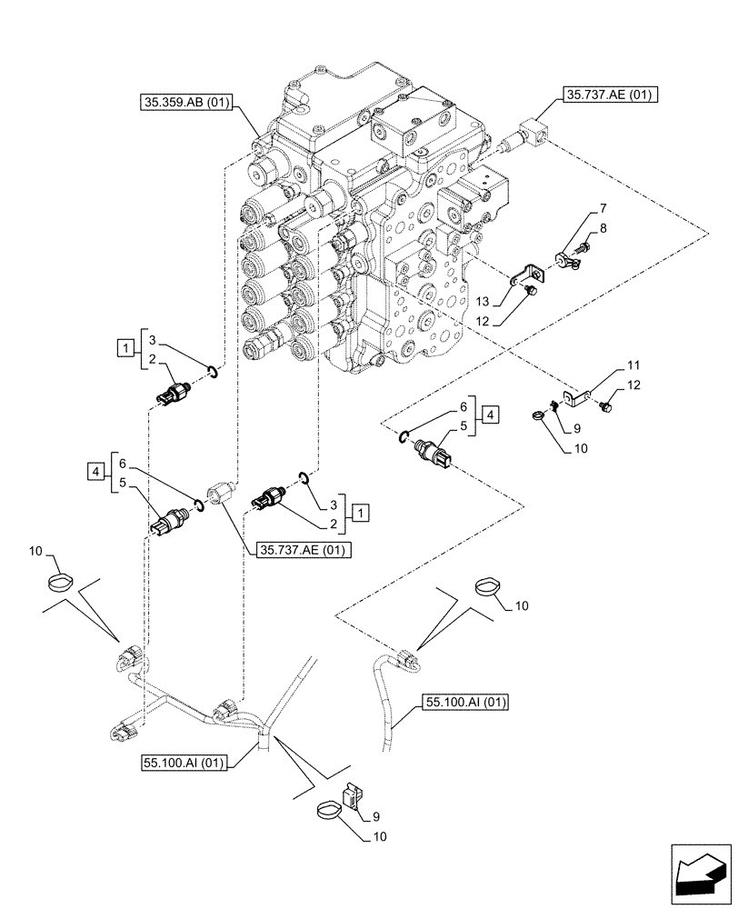 Схема запчастей Case CX160D LC - (55.036.AB[02]) - CONTROL VALVE, SENSOR (55) - ELECTRICAL SYSTEMS