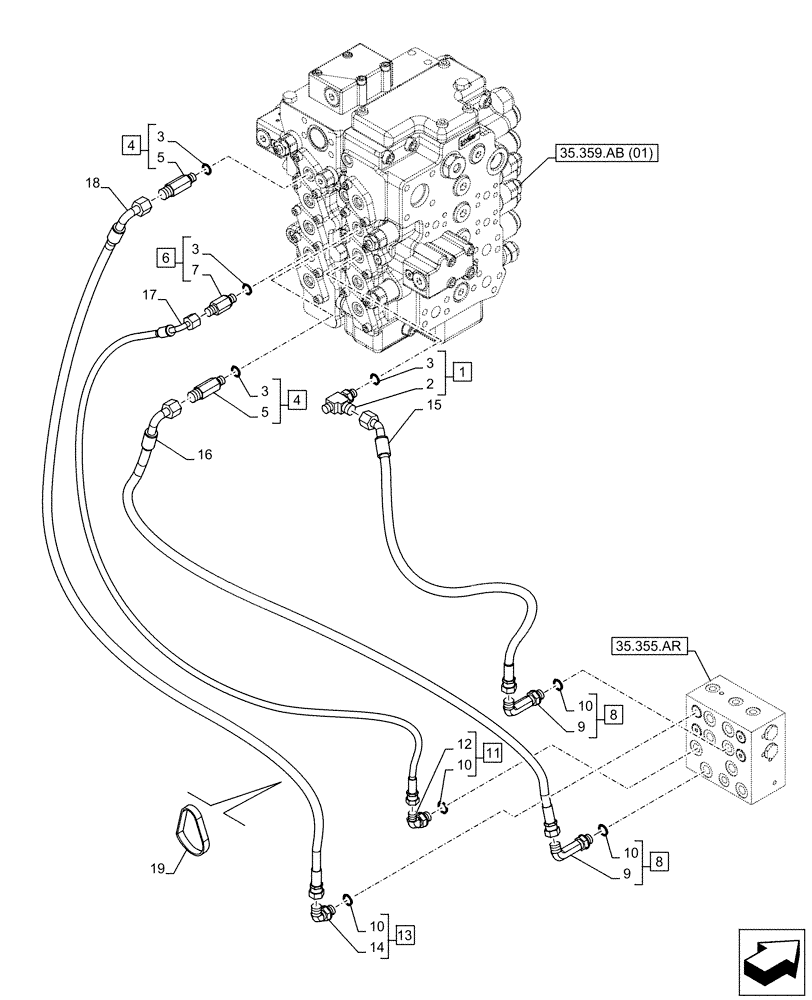 Схема запчастей Case CX130D LC - (35.355.AC[03]) - STD + VAR - 461558 - JOYSTICK, HYDRAULIC LINE, CONTROL VALVE, CONTROL PATTERN SELECTION (35) - HYDRAULIC SYSTEMS