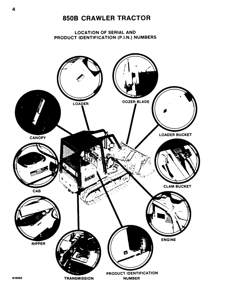 Схема запчастей Case 850B - (004) - LOCATION OF SERIAL AND PRODUCT IDENTIFICATION (P.I.N) NUMBERS (00) - GENERAL