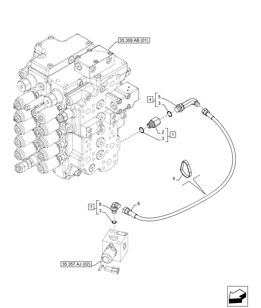 Схема запчастей Case CX160D LC - (35.357.AO[04]) - STD + VAR - 461558 - MAIN, SOLENOID VALVE, PRESSURE PIPE, CONTROL PATTERN SELECTION (35) - HYDRAULIC SYSTEMS