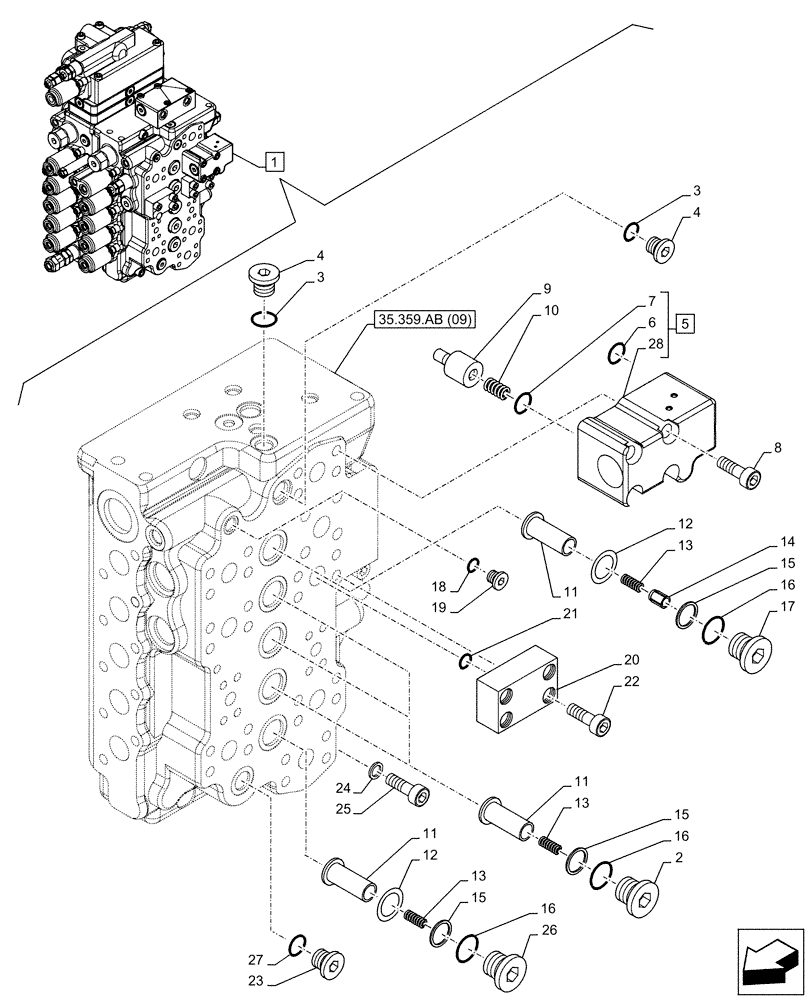 Схема запчастей Case CX160D LC - (35.359.AB[10]) - VAR - 461863 - CONTROL VALVE, CLAMSHELL BUCKET, ROTATION, W/ ELECTRICAL PROPORTIONAL CONTROL, COMPONENTS (35) - HYDRAULIC SYSTEMS