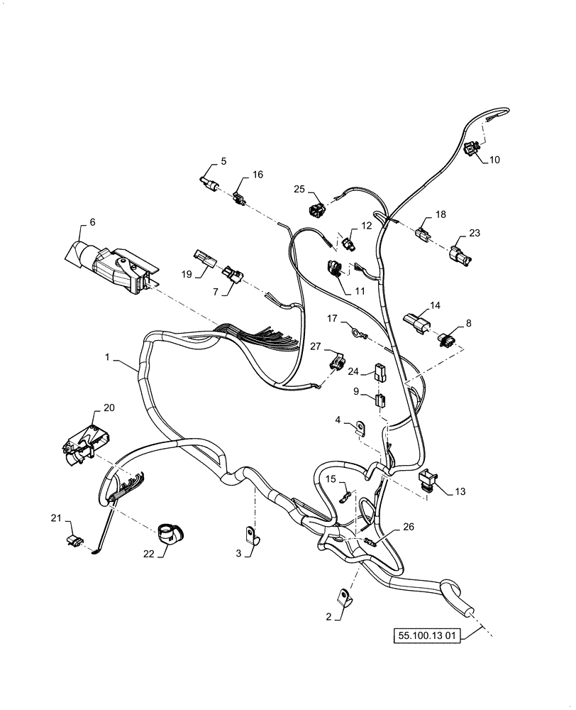 Схема запчастей Case 521F - (55.100.13[02]) - HARNESS, ENGINE AND REAR CHASSIS (55) - ELECTRICAL SYSTEMS