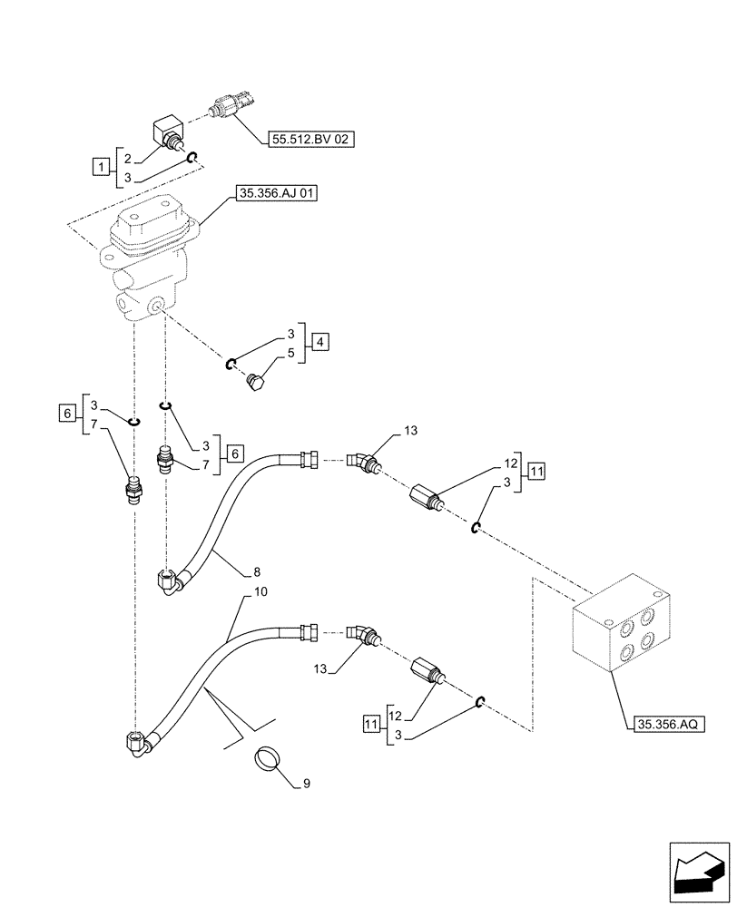 Схема запчастей Case CX500D LC - (35.356.AR[03]) - PEDAL, DRAIN LINE (35) - HYDRAULIC SYSTEMS