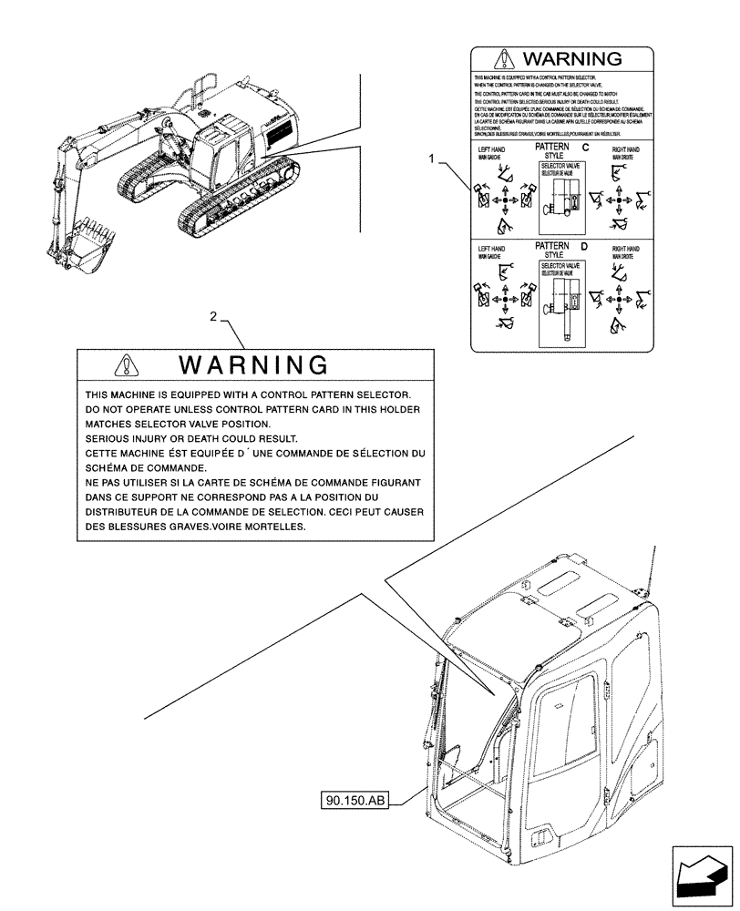 Схема запчастей Case CX500D LC - (90.108.AC[03]) - VAR - 461558 - WARNING DECAL, CONTROL PATTERN SELECTION (90) - PLATFORM, CAB, BODYWORK AND DECALS
