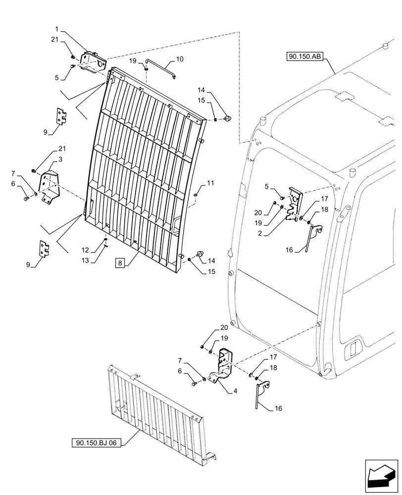 Схема запчастей Case CX500D LC - (90.150.BJ[07]) - VAR - 781986 - FRONT, STONEGUARD, OPENABLE (90) - PLATFORM, CAB, BODYWORK AND DECALS