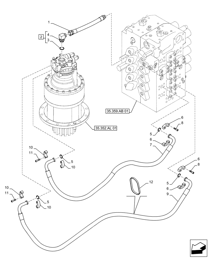 Схема запчастей Case CX490D LC - (35.352.AI[03]) - MOTO-REDUCTION GEAR, LINES (35) - HYDRAULIC SYSTEMS